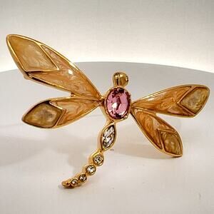 KJL -For Avon Elegant Dragonfly Pink Clear Rhinestone Brooch